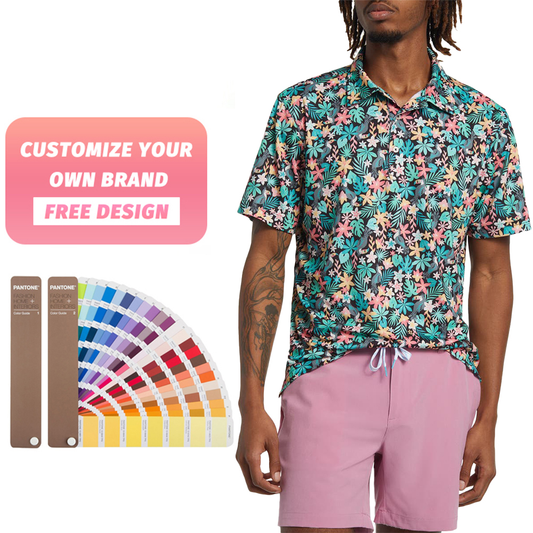 Custom Logo Design Men's Summer Short Sleeve Golf for Polo T-Shirt 100% Polyester Quick Dry & Floral Printing Jersey Fabric