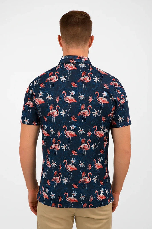 Bulk Custom Tropical Flamingo Polo Shirt - Antimicrobial Quick Dry Slim Fit with Floral Pattern Design with Logo Embroidery - Manufacturer Qiandao