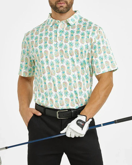 Bulk Custom Men's Hawaiian Golf Polo Shirt with Stylish Tropical Pineapple Design for Ultimate Comfort with Logo Embroidery - Manufacturer Qiandao
