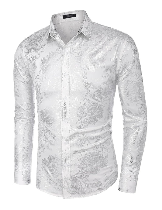 Bulk Custom Custom Elegant White Floral Printed Design Shirts Casual Button Down White Shirt for Men Formal with Logo Embroidery - Manufacturer Qiandao