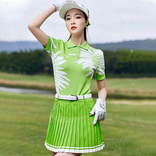 Bulk Custom Custom Golf Ladies Short Puff Sleeve Green Tshirt High-end Yarn Lapel Polo Shirt with Logo Embroidery - Manufacturer Qiandao