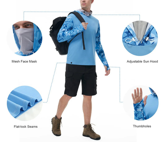 Bulk Custom Custom Spandex Polyester 4-way Stretch Sun protection Camo Print Sublimation Upf 50 Bamboo Upf 50 Long Sleeve Shirt with Hood with Logo Embroidery - Manufacturer Qiandao
