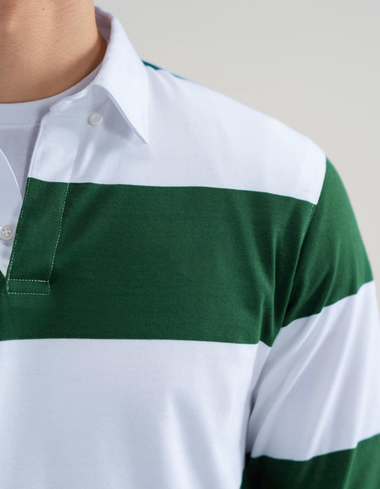 Custom logo High Quality Breathable White and Green Yarn Dyed Striped Rugby Oversized Polo Long Sleeve Polo Shirt for Men