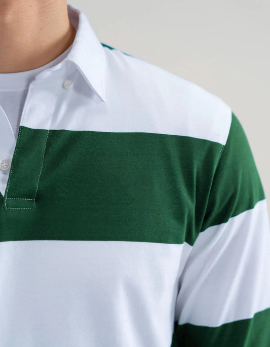 Bulk Custom Custom logo High Quality Breathable White and Green Yarn Dyed Striped Rugby Oversized Polo Long Sleeve Polo Shirt for Men with Logo Embroidery - Manufacturer Qiandao