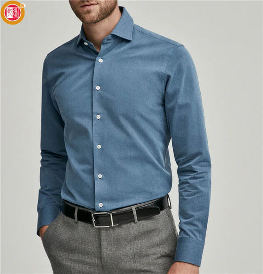 Bulk Custom Custom High Quality American Slim Fit Blue Denim Twill Superdry Shirts for Men with Logo Embroidery - Manufacturer Qiandao