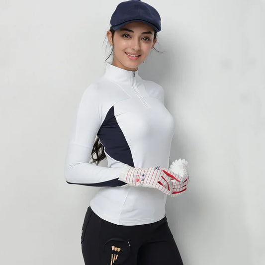 Bulk Custom Custom Logo Embroidered Design Women Slim Fit Lady Golf Clothing Manufacturer Stand Collar Quarter Zip Pullover Sweatshirt with Logo Embroidery - Manufacturer Qiandao