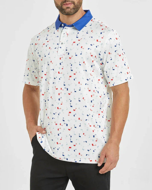 Bulk Custom Men's Golf Polo Shirt with Stylish Flag Print Patterns for the Dynamic Player with Logo Embroidery - Manufacturer Qiandao