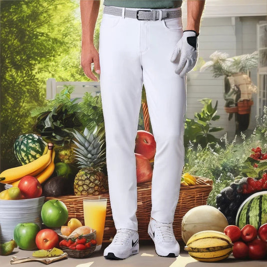 Bulk Custom Men's classic stretch golf pants, with an elastic waist, white, slim-fitting and casual work pants made of canvas fabric, flat-front style, available for wholesale with Logo Embroidery - Manufacturer Qiandao