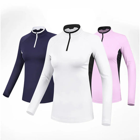 Bulk Custom High Quality Custom Women's Long Sleeve Golf Jumper Quick-Drying 1/4 Zip Half Chest Top Soft Pullover Color Combination Jersey with Logo Embroidery - Manufacturer Qiandao