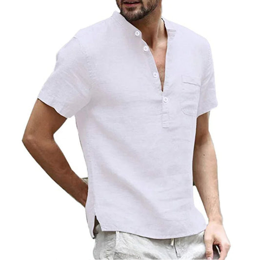 Bulk Custom Custom High Quality New Cotton Oversized Tshirt Short Sleeve Solid Plain V-neck Button Down White 100% Linen t Shirt for Men with Logo Embroidery - Manufacturer Qiandao