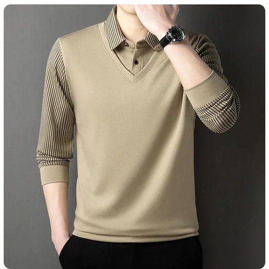 Bulk Custom Custom logo Khaki Striped Lapel Faux Two Piece Business Casual Full Long Sleeve Polo Shirt for Men with Logo Embroidery - Manufacturer Qiandao