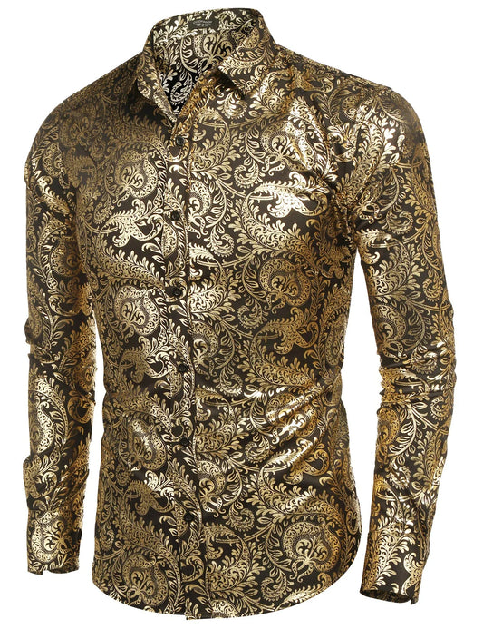 Bulk Custom Custom Elegant Gold Floral Printed Design Shirts Casual Button Down Men Gilded Shirts with Logo Embroidery - Manufacturer Qiandao