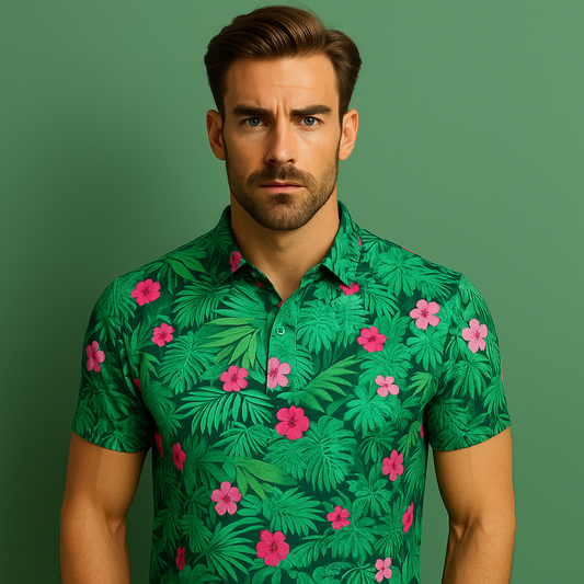 Summer Large Style Short Sleeves Knitted Four-Sided Elastic Casual Mens Polyester Spandex All Over Print Golf Polo Shirts
