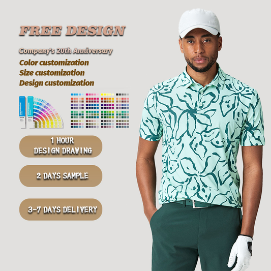 High Quality Men's Casual Loose T-Shirt Custom Logo Athletic Spandex Polyester Mint Floral Golf for Polo Short Sleeved