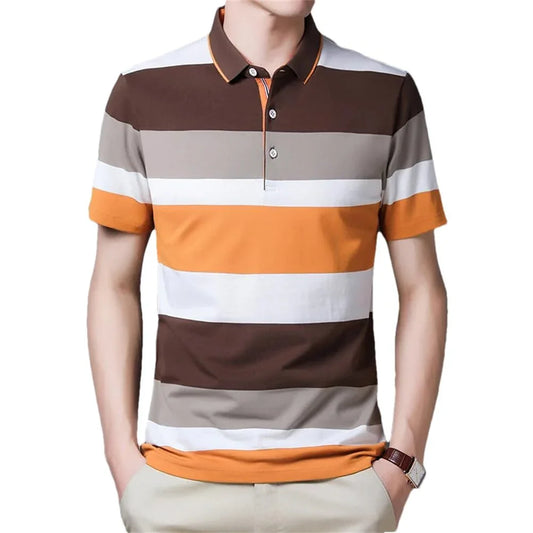 Bulk Custom Custom Logo Mens Short Sleeves Lapel Shirt Three Color Striped Polos Casual Business Work T Shirts with Logo Embroidery - Manufacturer Qiandao