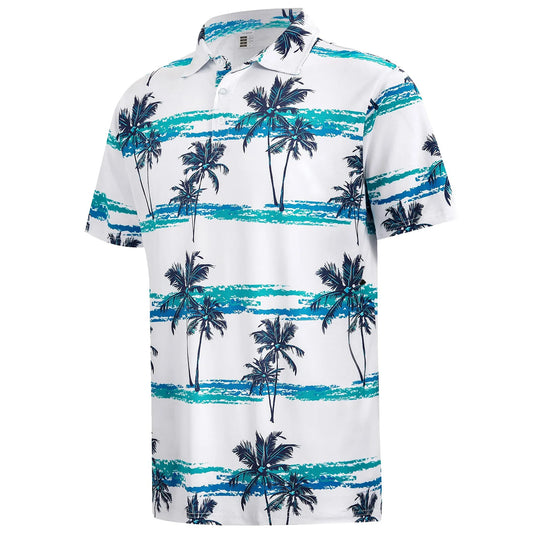 Bulk Custom Custom Logo 12% Spandex 88% Polyester Short Sleeve Dry Fit Moisture Wicking Hawaiian Tropical Print Performance Golf Polo Shirts with Logo Embroidery - Manufacturer Qiandao
