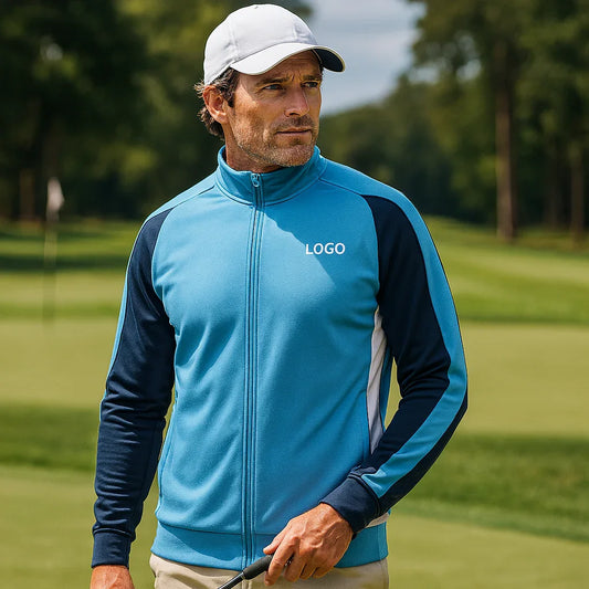 Bulk Custom Custom Fashion Men Polyester Spandex Fabric Full Zip Stand Neck Performance Golf Jacket Men with Logo Embroidery - Manufacturer Qiandao