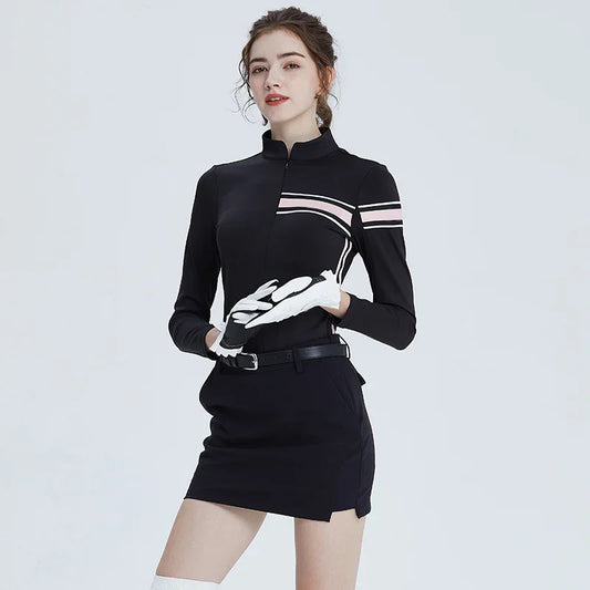 Bulk Custom Custom Design Autumn Winter Golf Apparel Women T-shirt Ladies Zipper Stand Collar Top Long Sleeve Slim Sports Polo Shirt with Logo Embroidery - Manufacturer Qiandao