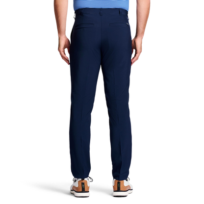 Men's casual golf swing pants, made of 94% polyester and 6% spandex, with a mid-rise waist, button and zipper closure, straight tube design, flat front, and offering OEM services