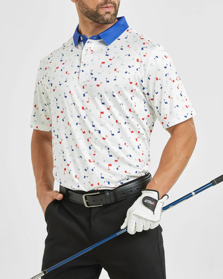 Men's Golf Polo Shirt with Stylish Flag Print Patterns for the Dynamic Player