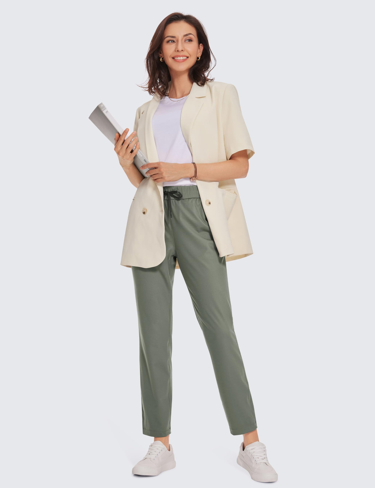 Customized elastic women's jogging pants with pockets, sporty pants that are lightweight, breathable and long, featuring a drawstring
