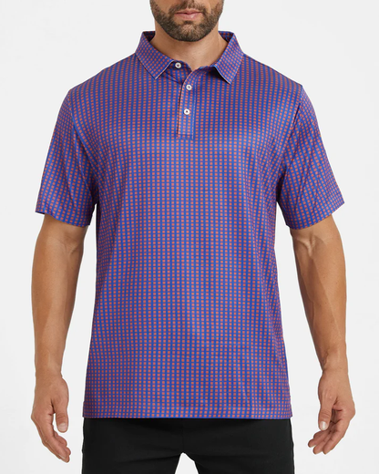 Men's Purple Golf Polo Shirt with Stylish Square Pattern - Perfect Golf Apparel