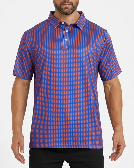 Men's Purple Golf Polo Shirt with Stylish Square Pattern - Perfect Golf Apparel