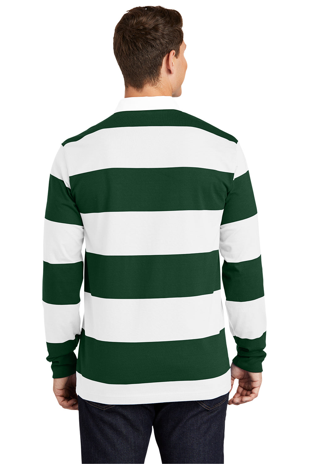 Custom Logo 100% Cotton Green and White Stripes Apparel Men's Classic Rugby Long Sleeve Polo Shirt