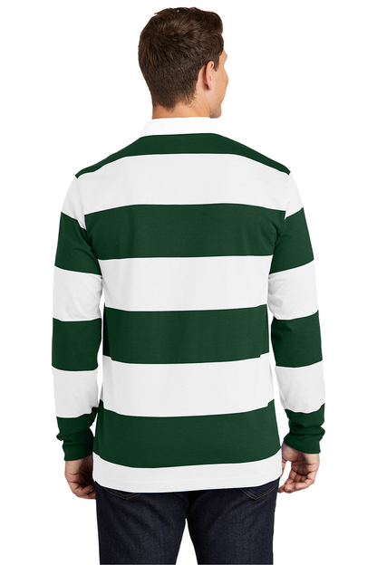 Custom Logo 100% Cotton Green and White Stripes Apparel Men's Classic Rugby Long Sleeve Polo Shirt