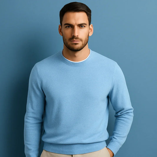 Bulk Custom Custom LOGO Men Sweater Light Blue Jumper Design Winter Pullover Casual Crew Neck Knitwear Custom Knitted Sweater for Men with Logo Embroidery - Manufacturer Qiandao