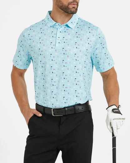 Men's Blue Golf Polo Shirt with Unique Golf Element Prints