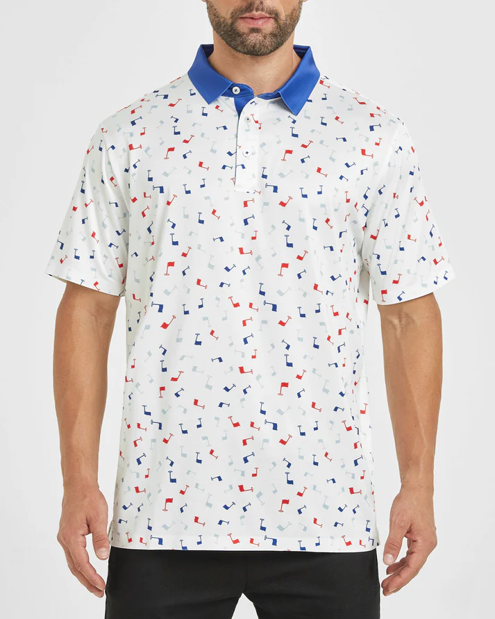 Men's Golf Polo Shirt with Stylish Flag Print Patterns for the Dynamic Player