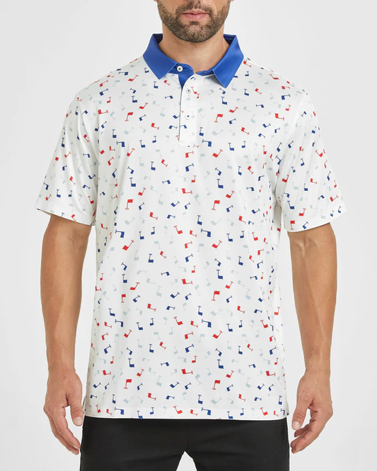 Men's Golf Polo Shirt with Stylish Flag Print Patterns for the Dynamic Player
