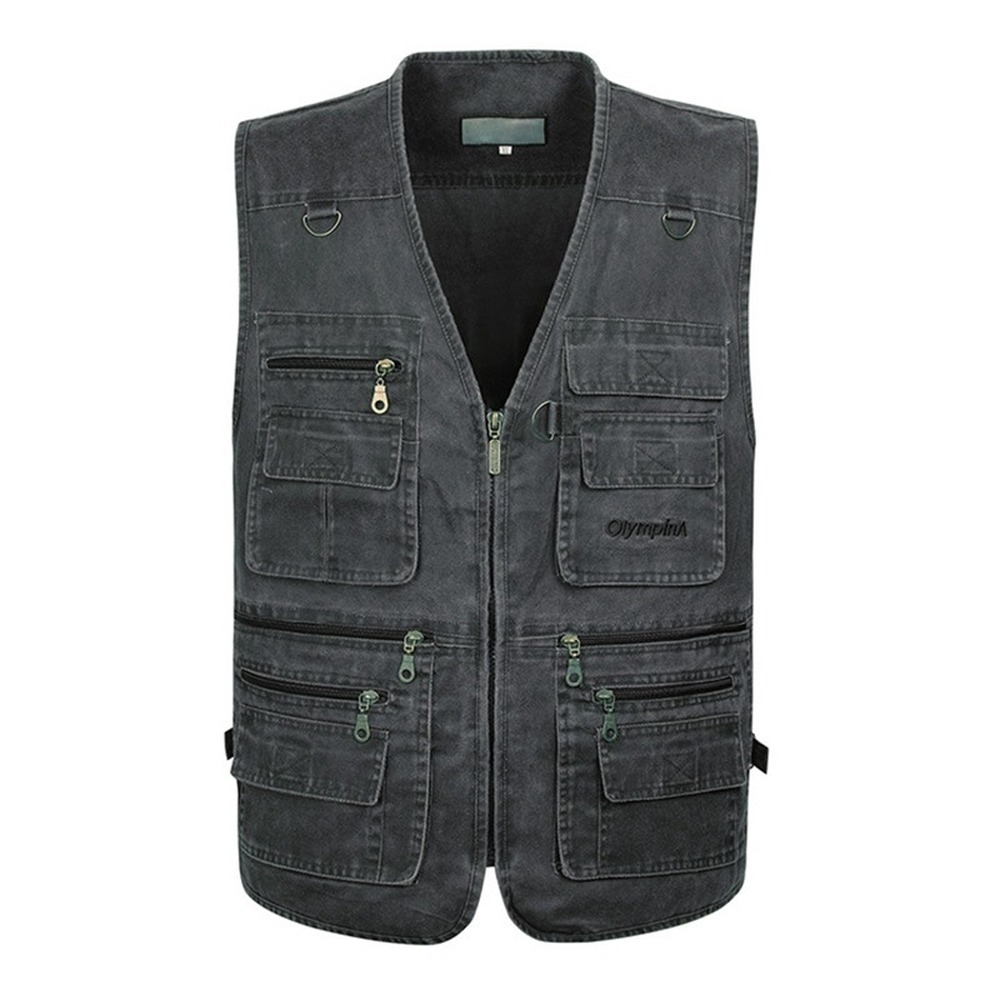 New men's casual large-size pure cotton sleeveless vests for summer, with multiple pockets, sixteen pockets in total. Men's photo vests with multiple pockets