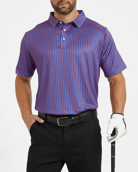Men's Purple Golf Polo Shirt with Stylish Square Pattern - Perfect Golf Apparel