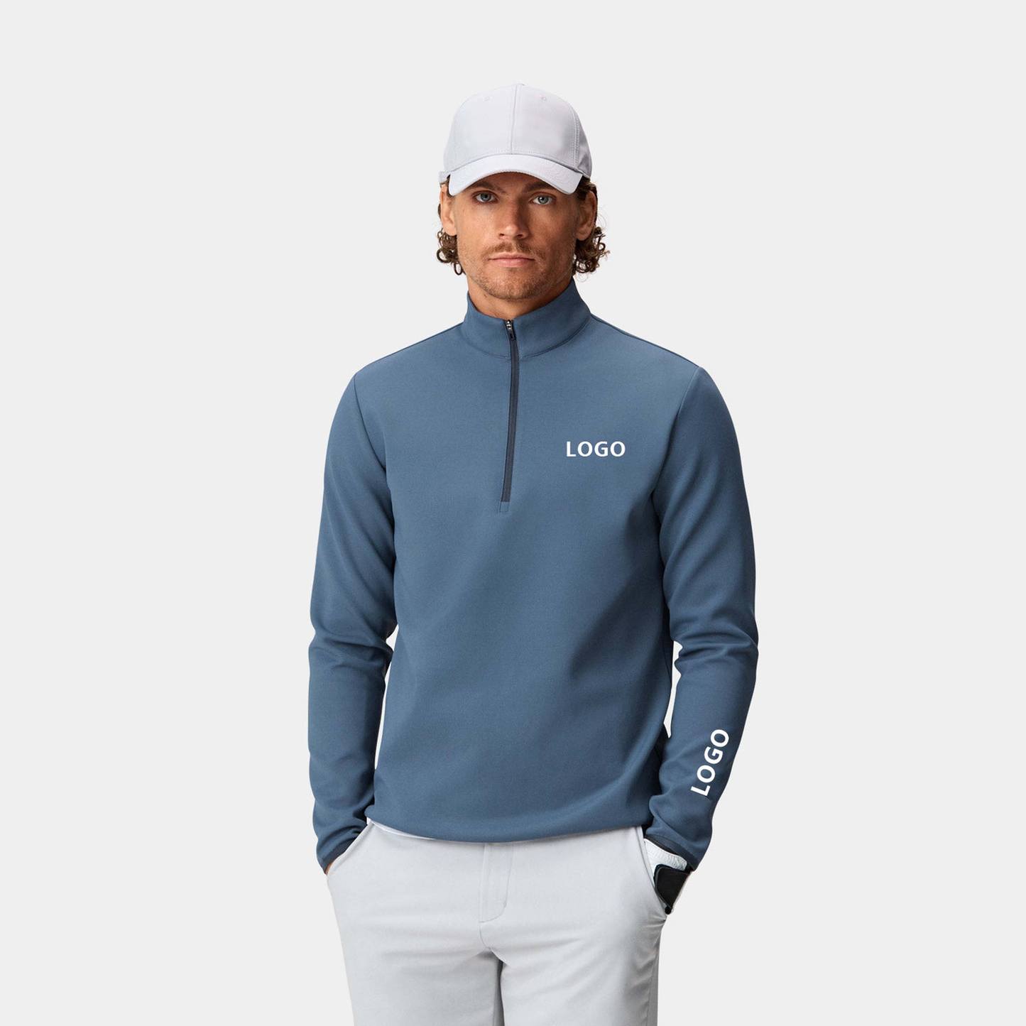 Custom Logo Print Plain Dyed Solid Luxury Blue Sport Golf Long Sleeve 1/4 Quarter Zip Collar Hoodie Pullover Sweatshirts for Men