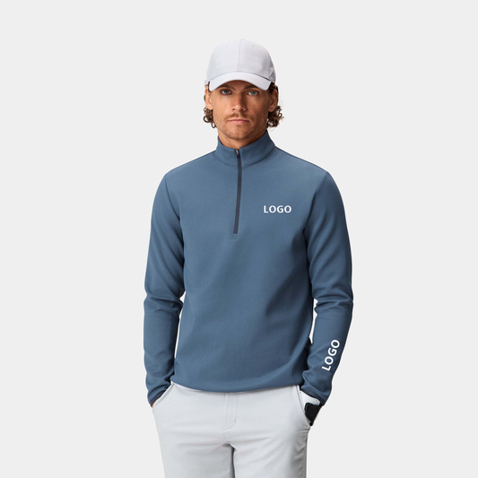 Custom Logo Print Plain Dyed Solid Luxury Blue Sport Golf Long Sleeve 1/4 Quarter Zip Collar Hoodie Pullover Sweatshirts for Men