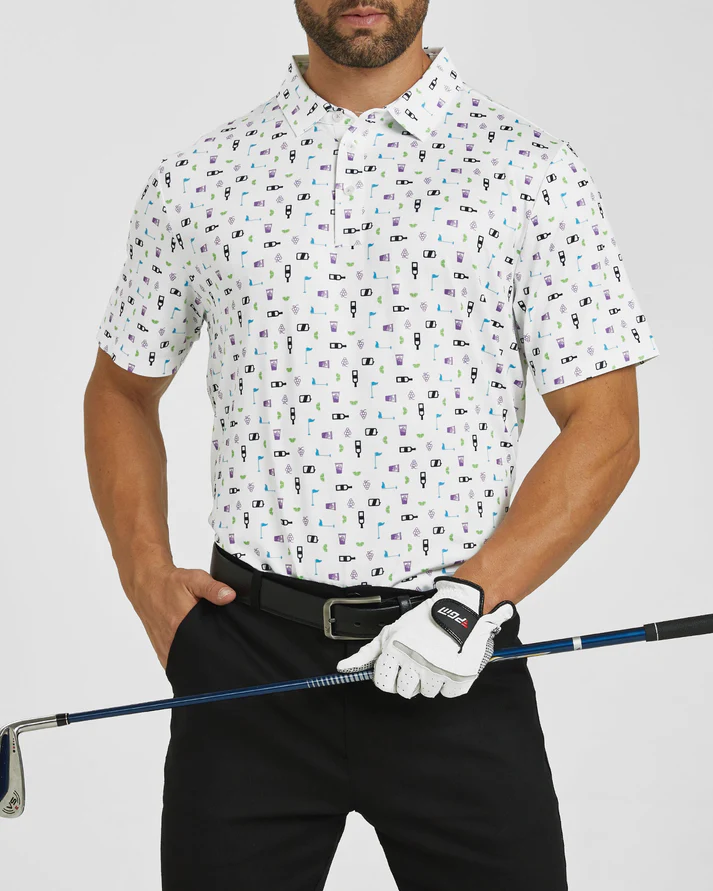 Men's White Golf Polo Shirt for Stylish Performance with Celebration Print