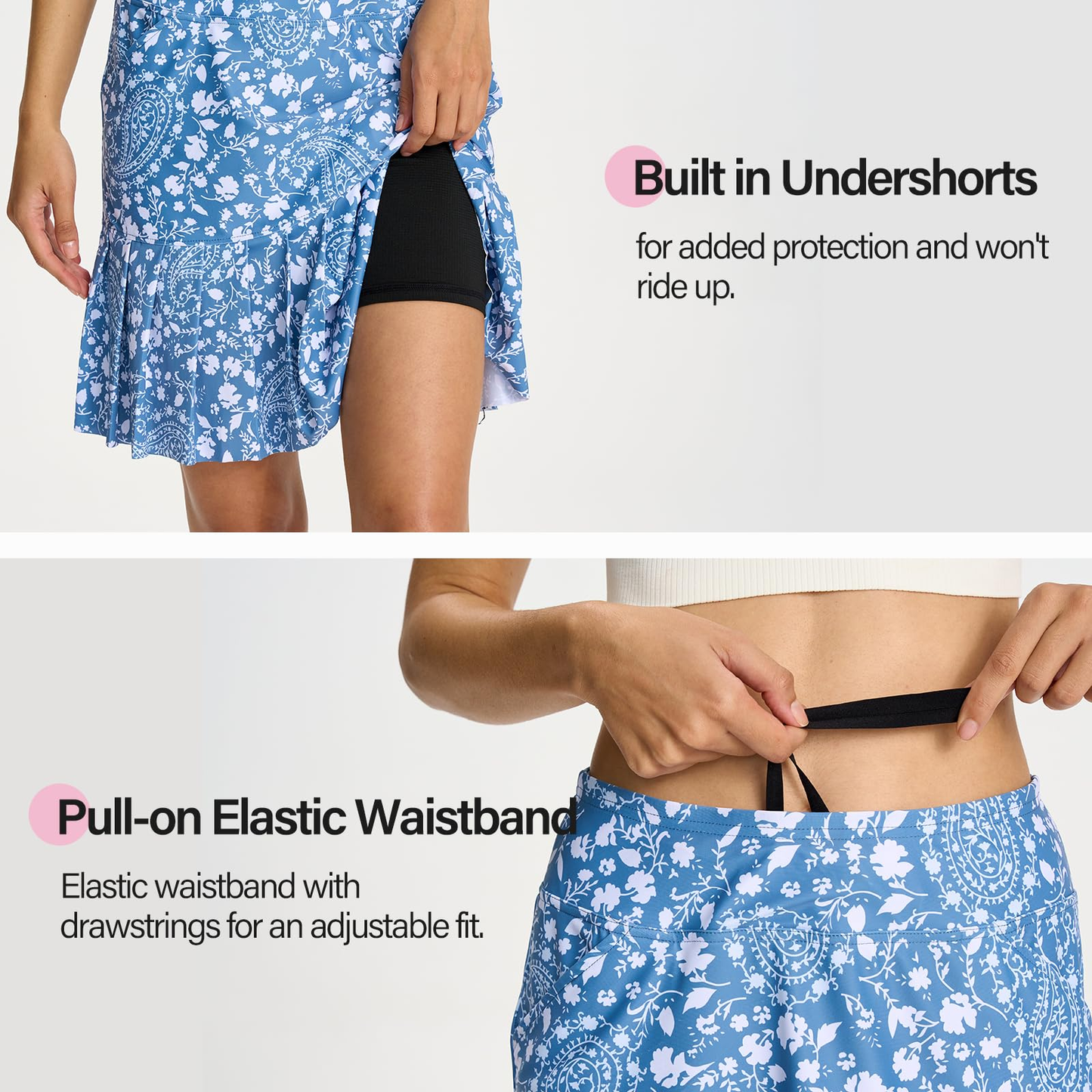 Women's knee-length flounced hem short skirts, polyester sports shorts with pockets for fitness and running, adjustable golf shorts, suitable for adults