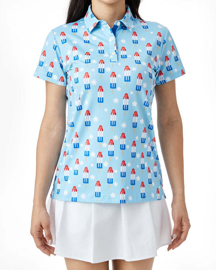 Custom Sublimation Print Tops Stretch Friendly Moisture Wicking Golf Wear Short Sleeveless Button up Polo Shirt Women