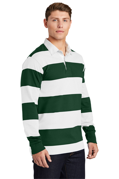 Custom Logo 100% Cotton Green and White Stripes Apparel Men's Classic Rugby Long Sleeve Polo Shirt