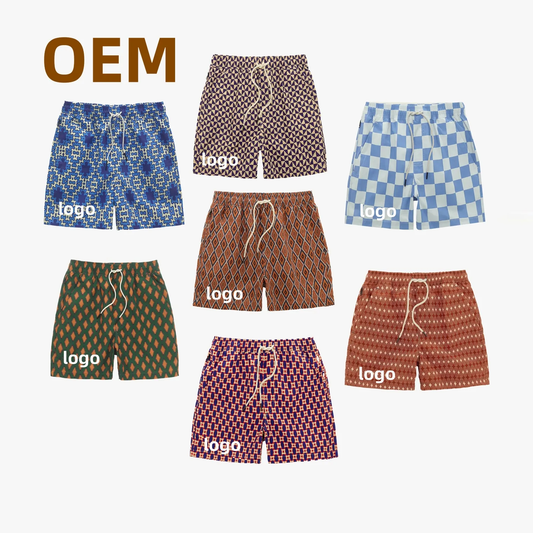 OEM customized high-quality men's elastic-waist casual beach swim trunks with digital printing and logo decoration for surfing