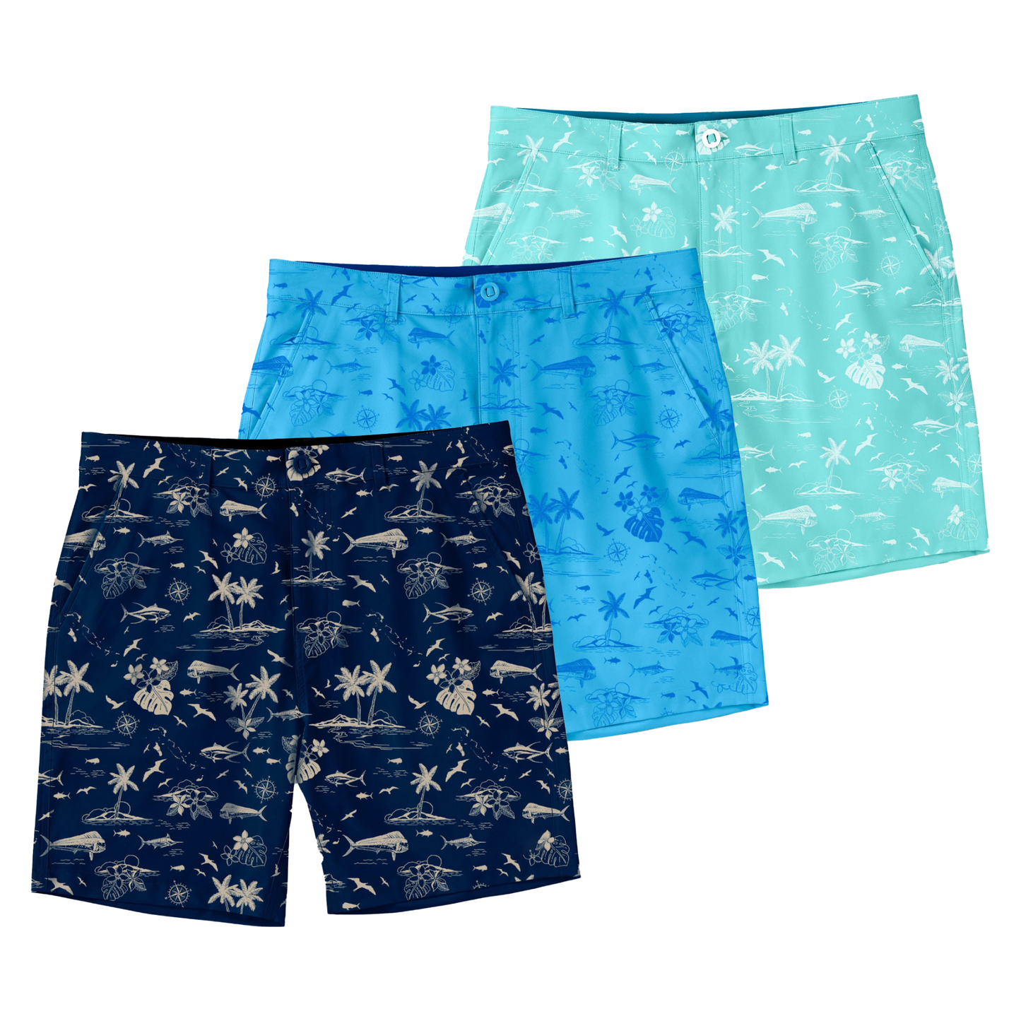 Full-body sublimation printed, heavyweight polyester men's unisex 6-inch inseam custom tree mesh golf shorts for summer