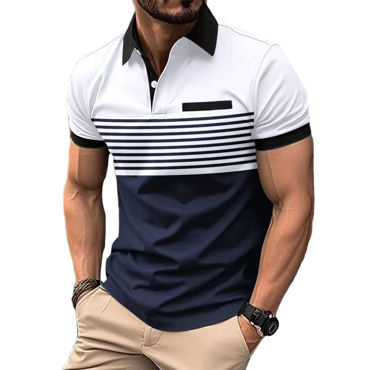 Custom Logo Short Sleeve Blocked Striped Button-Down Collar Top With Pocket Summer Casual Mens Polo Shirt