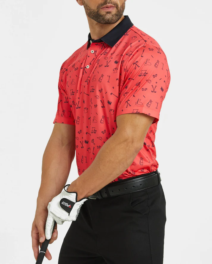 Men's Slim Fit Polo Shirts - Red Golf Polo Shirt with Stylish Print Design