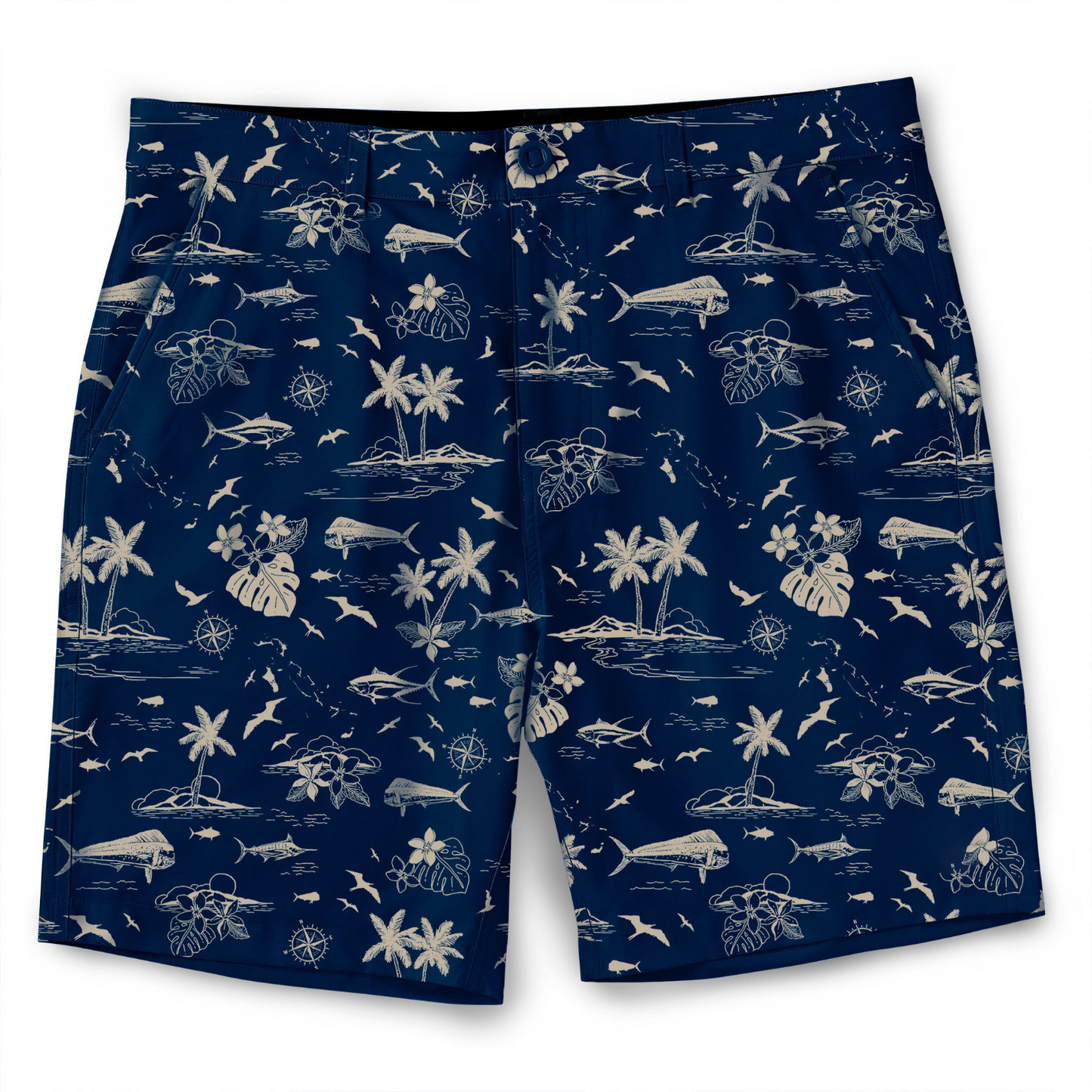 Full-body sublimation printed, heavyweight polyester men's unisex 6-inch inseam custom tree mesh golf shorts for summer