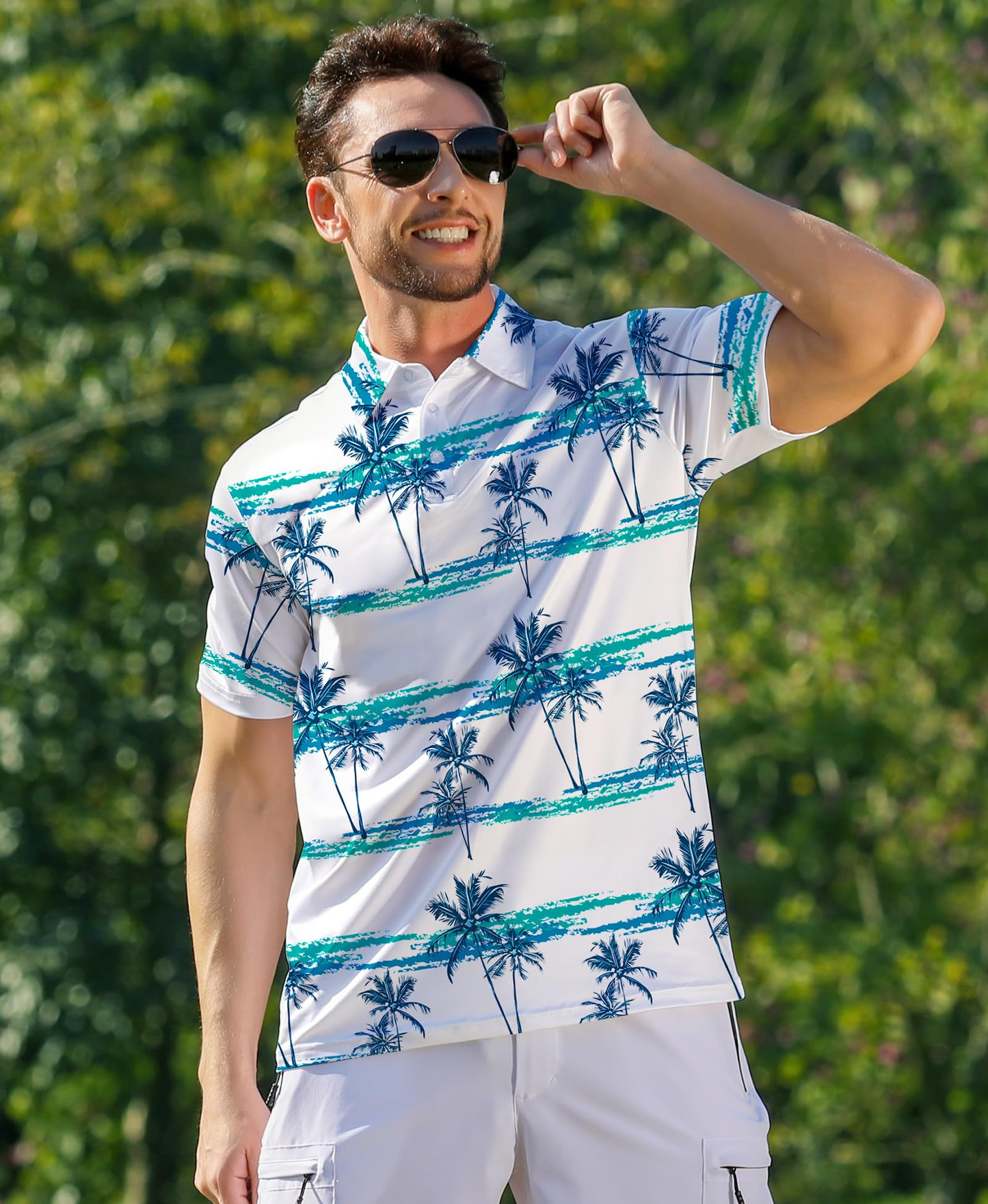 Custom Logo 12% Spandex 88% Polyester Short Sleeve Dry Fit Moisture Wicking Hawaiian Tropical Print Performance Golf Polo Shirts