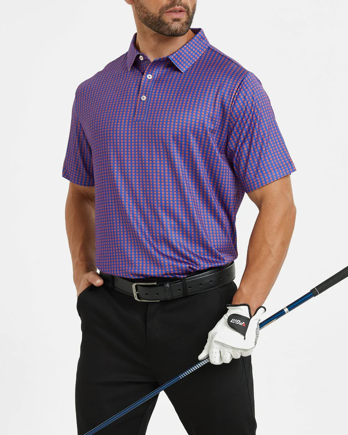 Men's Purple Golf Polo Shirt with Stylish Square Pattern - Perfect Golf Apparel