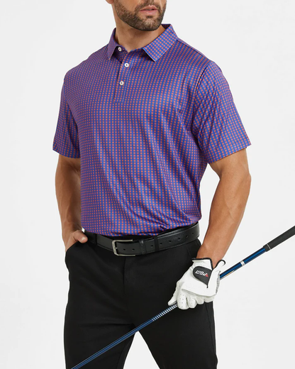 Men's Purple Golf Polo Shirt with Stylish Square Pattern - Perfect Golf Apparel