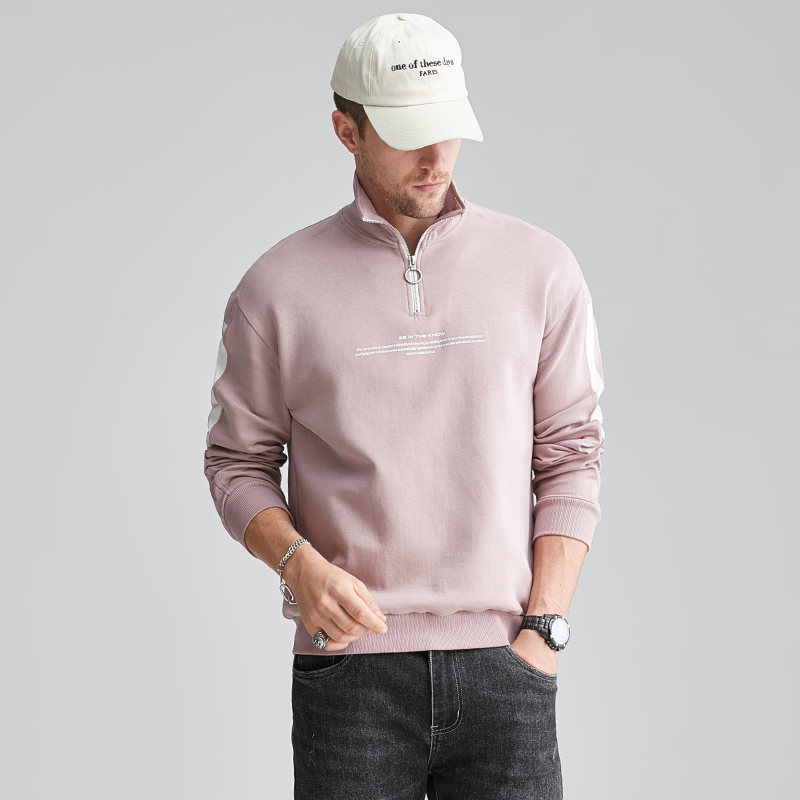 Custom Logo Print Letter Cotton Fashion Casual Loose Oversize Plus Size Color Block Sweatshirt Quarter 1/4 Zip Men Pullover